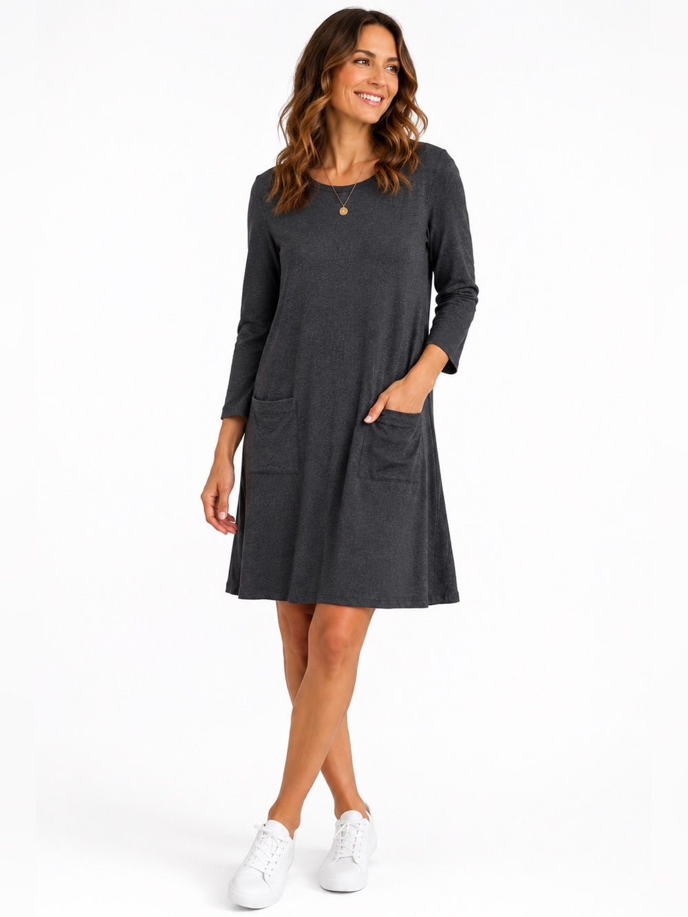 J Jill Ponte Knit Crew Pullover Waist Patch Pockets Knit Pullover Casual Dress